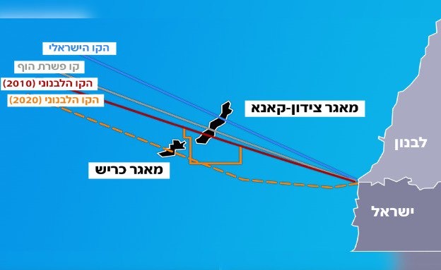 خريطة لخطوط الحدود البحرية المطروحة والتي تم الاتفاق عليها، بين إسرائيل ولبنان (القناة 12 الإسرائيلية)