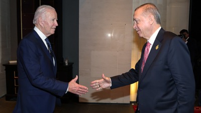Turkish President Recep Tayyip Erdogan accompanied by US President Joe Biden